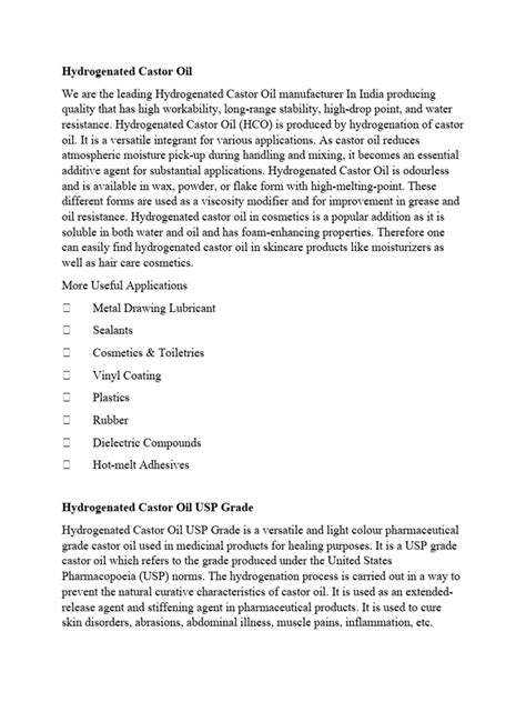 Hydrogenated Castor Oil | PDF | Oil | Lubricant