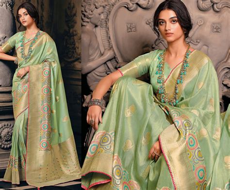 Pista Green Silk Saree With Stitched Blouse Readymade Etsy