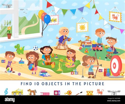 Find 10 objects. Kids game, school activity background. Funny mind ...