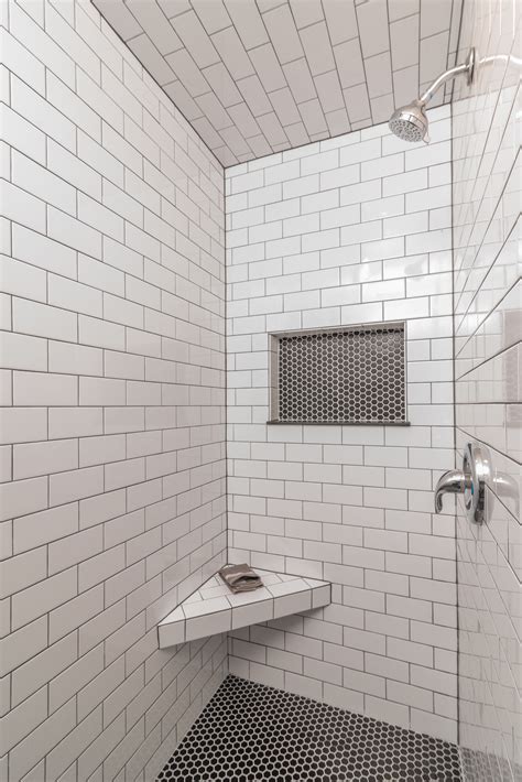 White Subway Tile With Dark Gray Grout Black Accent Penny Tile Penny Tiles Bathroom Bathroom