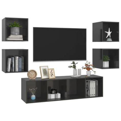 Hua Meubles Tv Ensemble De Meuble Tv Pcs Gris Brillant Agglom R