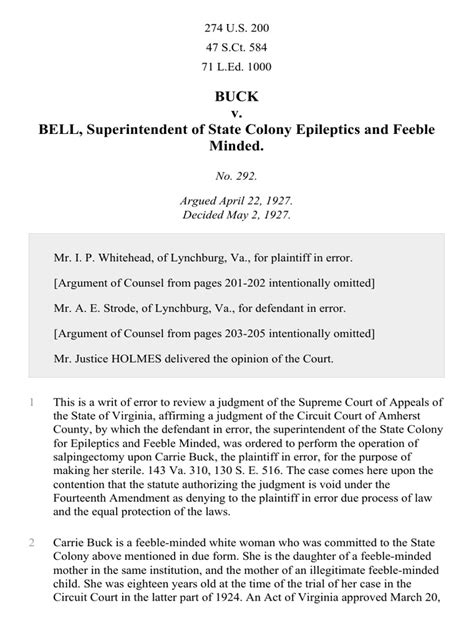 Buck v. Bell, 274 U.S. 200 (1927) | PDF | United States Law | Social ...