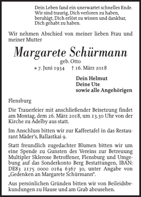 Traueranzeigen von Margarete Schürmann sh z Trauer