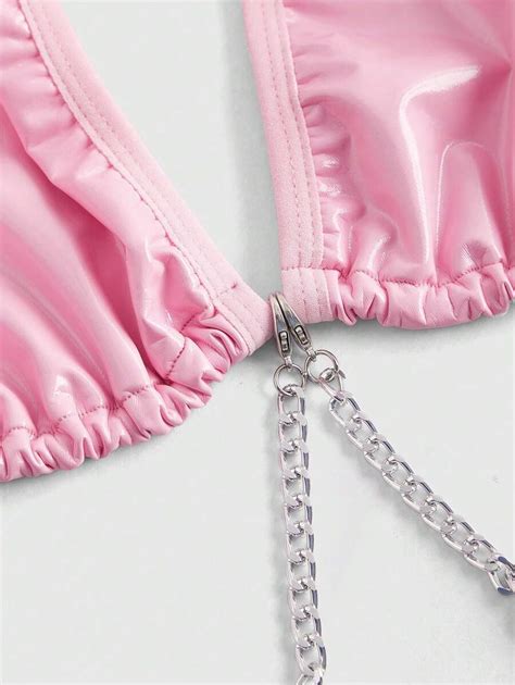 Romwe Goth Pcs Set Plus Size Women S Pu Chain Link Lingerie Set Including Halter Bra G String