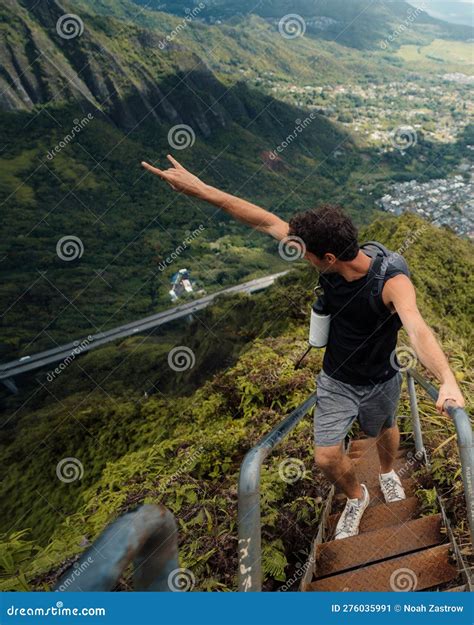 Man Hiking Stairway To Heaven Haiku Stairs On Oahu Hawaii Stock