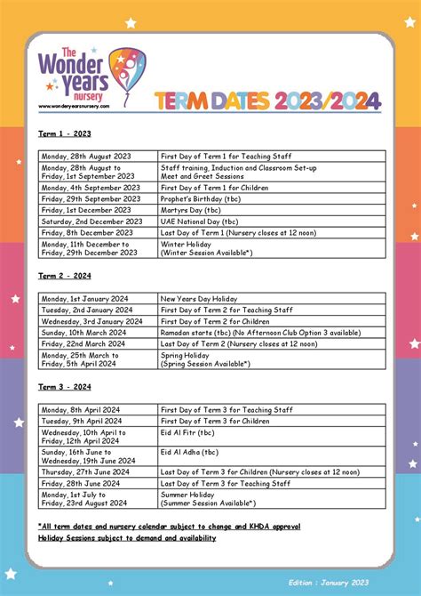 Term Dates The Wonder Years Nursery