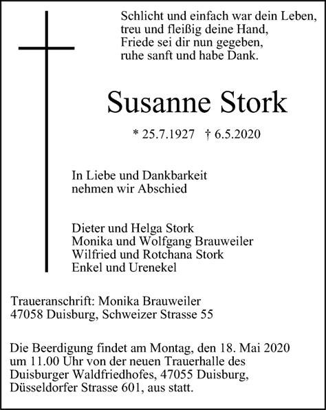 Traueranzeigen Von Susanne Stork Trauer In NRW De