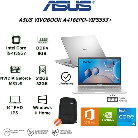 Jual Asus A416EPO VIPS553 I5 1135G7 8GB 512GB SSD FHD IPS MX330 2GB