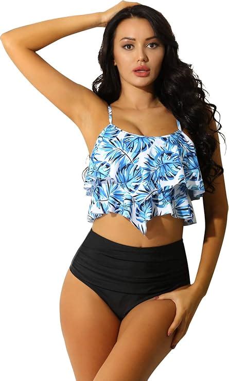 inlzdz Damen Zweiteiliger Bademode Blumendruck Bikini Tankini Set Träger BH Top Bauchfrei