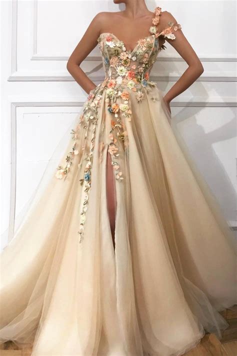 Champagne Tulle Appliques Long Prom Dresses A Line Evening Dresses