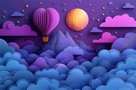 Surreal Lavender Sky With Moon Clouds And Hot Air Balloon Scene Stock Photo Image Of Skyline