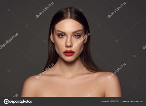 Female Fashion Model Naked Shoulders Long Hair Looking Camera Dark Stock Photo Vova130555
