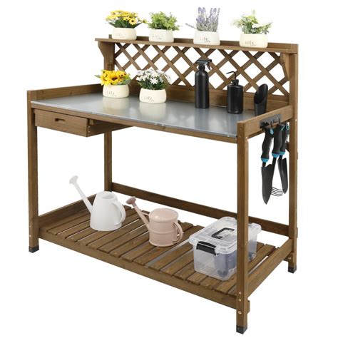 Yaheetech Outdoor Garden Potting Bench Table With Cabinet Brown