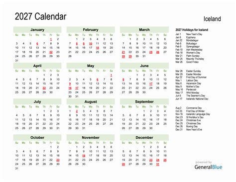 Holiday Calendar 2027 For Iceland Sunday Start