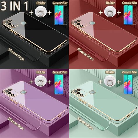 In For Infinix Hot Play Play Electroplated Straight Golden Edge Case With Tempered