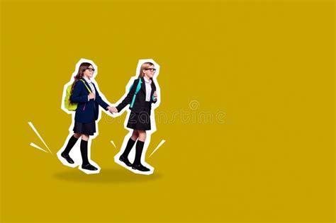 Composite Photo Collage Of Two Happy Blonde Brunette School Classmates Girls Walk Wear Backpack