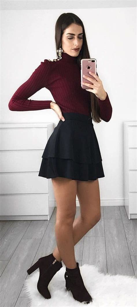 Womens Maroon Long Sleeved Shirt And Black Mini Skirt Stylish Winter