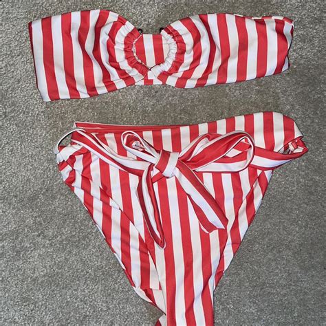 Red And White Striped Bandeau Bikini With A Tie Depop