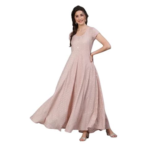 Aks Couture Women S Nude Dobby Golden Zari Work Flared Maxi Dress S Wholesale Tradeling
