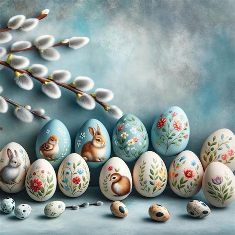Premium Photo Decorative Easter Eggs With Bunny And Floral Designs With Pussy Willow Branches
