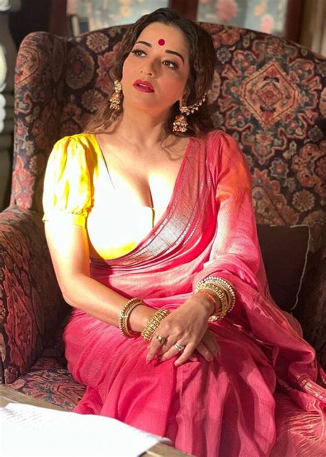 Monalisa Wore Yellow Deep Neck Blouse With Saree Looking Hot In Traditional Touch