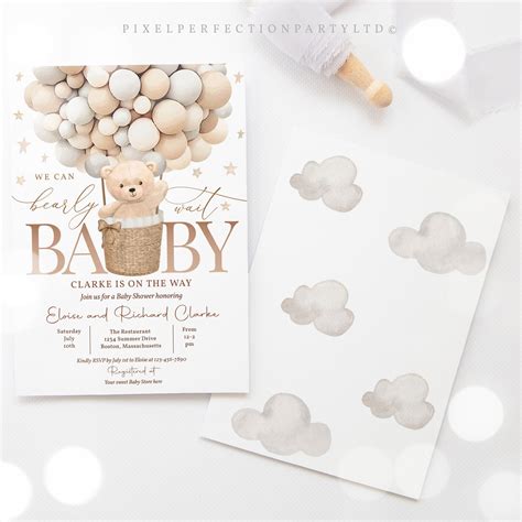 Editable Teddy Bear Hot Air Balloon Baby Shower Invitation Gender