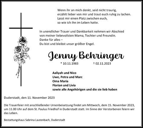 Traueranzeigen Von Jenny Behringer Trauer Anzeigen De