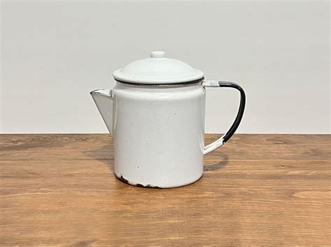 Antique Enamelware Coffee Pot Farmhouse Decor White And Black Coffee