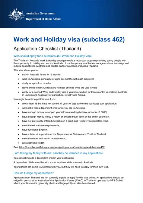 Australia Work And Holiday Visa Subclass 462 Application Checklist