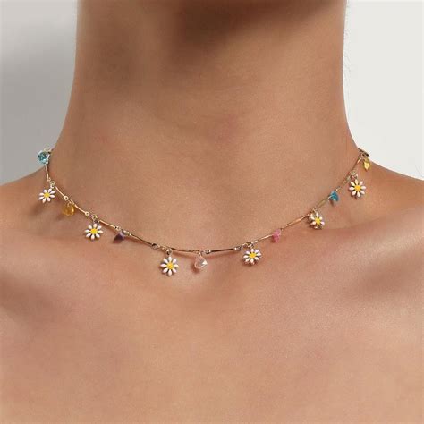 Korean Daisy Flower Beaded Choker Necklace Colorful Statement Boho Jewelry For Womens Vacation