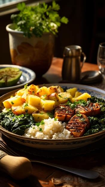 Un Plato De Comida Con Arroz Y Verduras Foto Premium