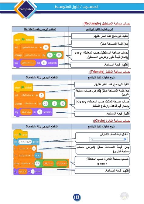 كتابة خوارزمية حساب محيط المربع والمستطيل والمثلث والدائرة باسم