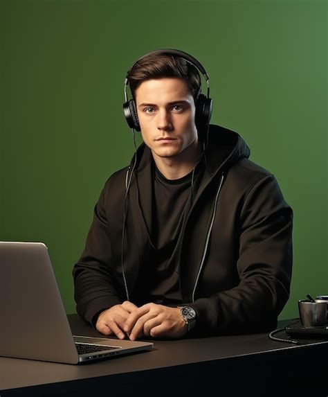 Premium Photo Man Wearing Headphones Working At Laptop Desk