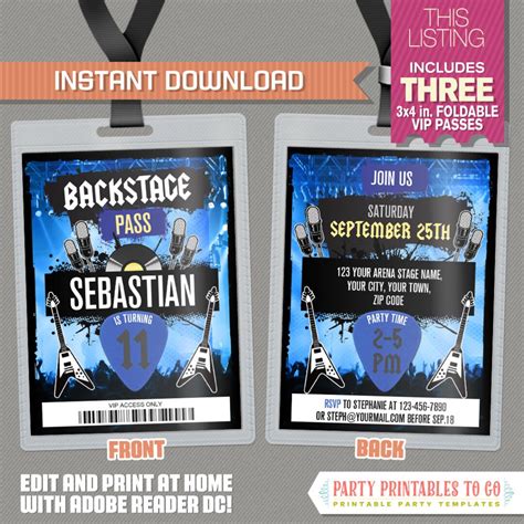 Rockstar Birthday Party Vip Pass Invitations Blue Instant Etsy