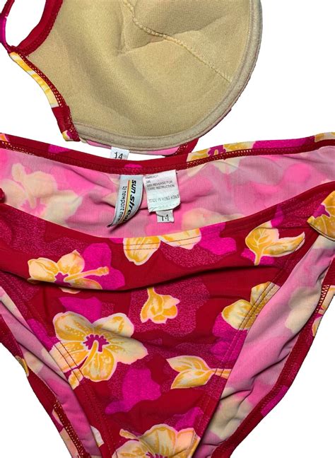 90s Red And Pink Floral Bikini Two Piece Y2K High Waist Etsy