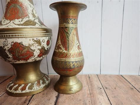 Vintage Brass Vase Set Of 2 Brass And Enamel Vases With Etched Floral Flower And Leaf Design