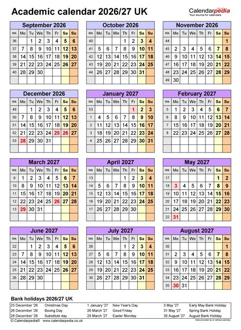 Academic calendars 2026/27 UK - free printable PDF templates