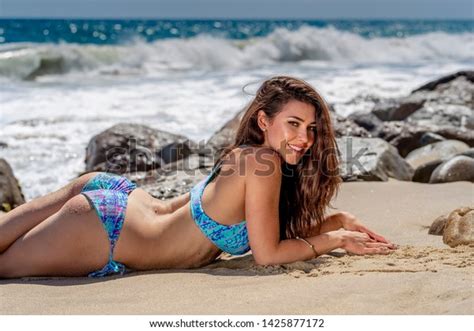 Gorgeous Brunette Bikini Model Lounging On Stock Photo Shutterstock