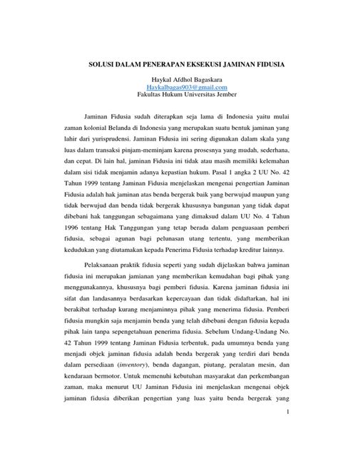 Solusi Dalam Penerapan Eksekusi Jaminan Fidusia Pdf