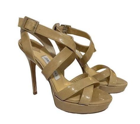 Jimmy Choo Nude Patent Louisa Crisscross Platform Heels Size