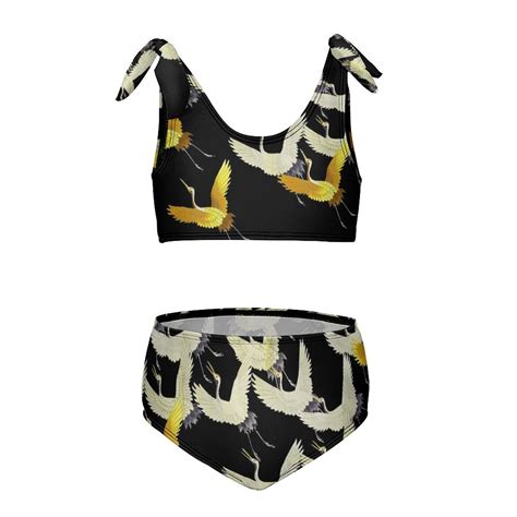 Gold Yellow White Flying Cranes In Black Japanese Pattern Girl S Piece Bikini Set Beach Sport