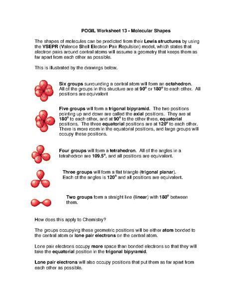 Pogil Worksheet 13 Vsepr Key POGIL Worksheet 13 Molecular Shapes