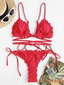OFF ZAFUL Lettuce Trim Wrap Around O Ring Ribbed String Bikini Swimwear In RED ZAFUL