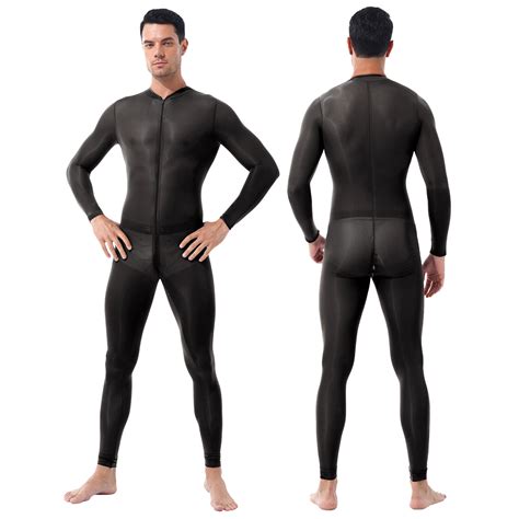 Men S Long Sleeve Bodysuit Double Zipper Sheer Open Crotch Jumpsut Lingerie EBay