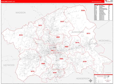 Buncombe County Nc Zip Code Wall Map Red Line Style By Marketmaps