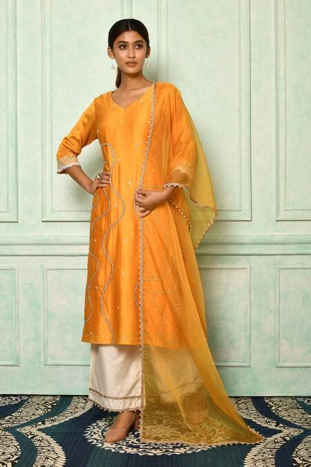 Buy Yellow Kurta Silk Chanderi Embroidery Moti V Neck Set For Women By