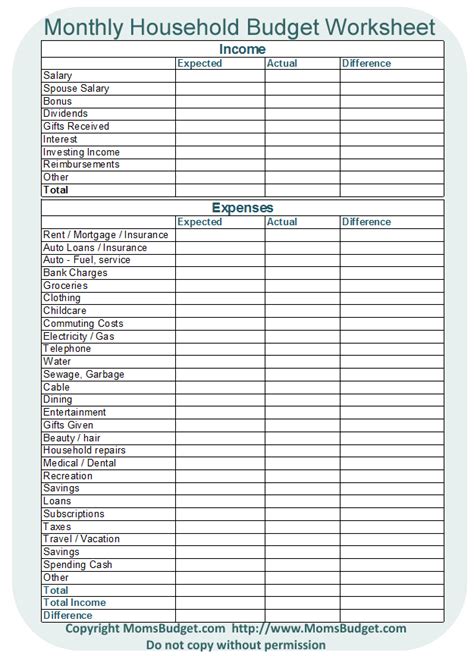 Monthly Household Budget Worksheet - Moms Budget