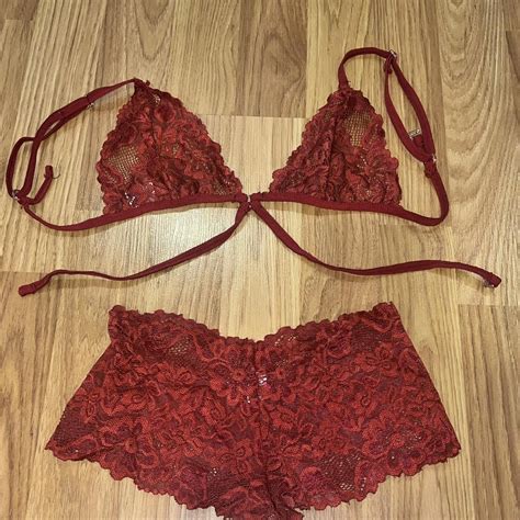 Red Lace Lingerie Set Never Worn To Small Lace Depop