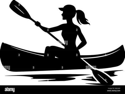 Silhouette Of A Woman Paddling A Canoe On A Lake Vector Illustration