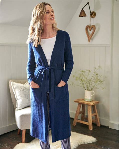 Neo Navy Cashmere Merino Luxe Dressing Gown Woolovers Uk